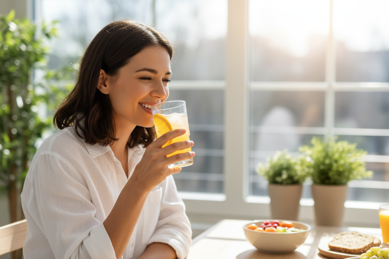 a happy woman drinking a cup of vitamin c drink